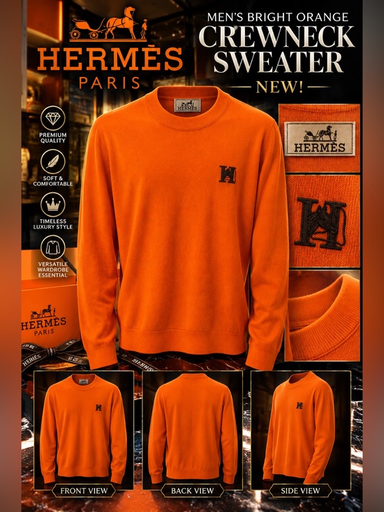 Hermes Other - Hermes Men's Bright Orange Crewneck Sweater🔥New!